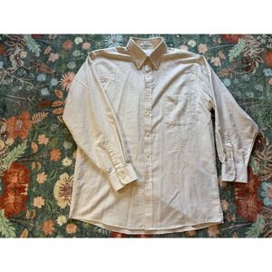 Van Heusen Mens Oxford Shirt Yellow Blue Stripe Wrinkle Free 16-16.5 32/33 Large